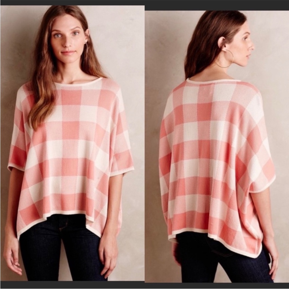 Anthropologie La Casita de Wendy Large Rose Checks Picnicker Poncho Sweater EUC
